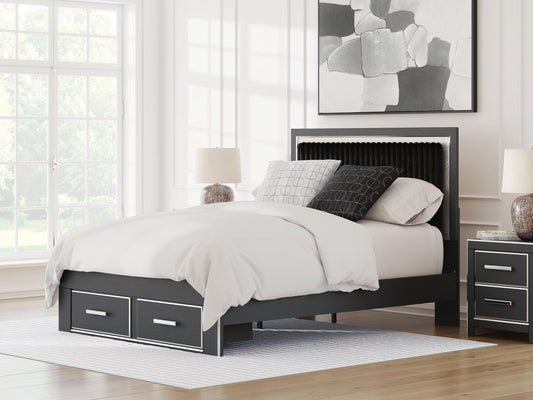 Cama tapizada Zuraleus Queen con almacenamiento y panel.