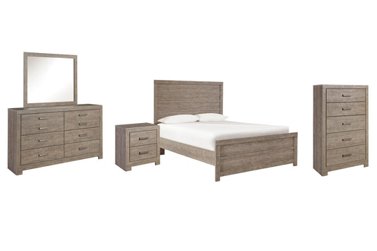 Cama Culverbach de tamaño completo con tocador con espejo, cómoda y mesita de noche