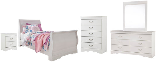 Cama doble Anarasia tipo trineo con tocador con espejo, cómoda y mesita de noche