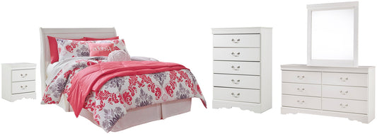 Cabecero Anarasia Full Sleigh con tocador, cómoda y mesita de noche con espejo