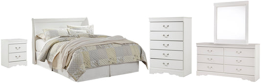 Cabecero Anarasia Queen Sleigh con tocador, cómoda y mesita de noche con espejo