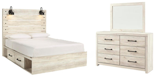 Cama Cambeck Queen con cabecero y cuatro cajones de almacenamiento y tocador con espejo