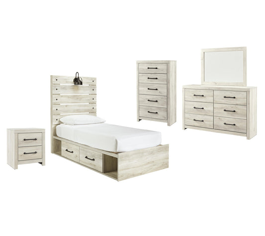 Cama doble Cambeck con cuatro cajones, tocador con espejo, cómoda y mesita de noche.