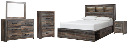 Cama Drystan Queen con estantería, 4 cajones, tocador con espejo, cómoda y mesita de noche.
