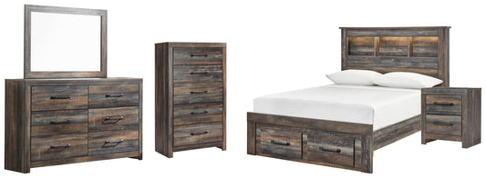 Cama Drystan de tamaño completo con estantería, 2 cajones de almacenamiento, tocador con espejo, cómoda y mesita de noche.