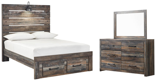 Cama Drystan de panel completo con 2 cajones de almacenamiento y tocador con espejo