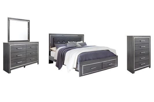 Cama Lodanna tamaño King con dos cajones, tocador con espejo, cómoda y mesita de noche.