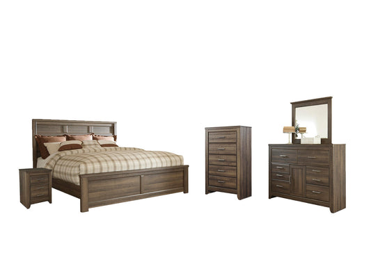Cama Juararo tamaño Queen con cabecero, tocador con espejo, cómoda y mesita de noche