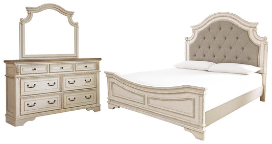 Cama tapizada Realyn Queen con tocador con espejo