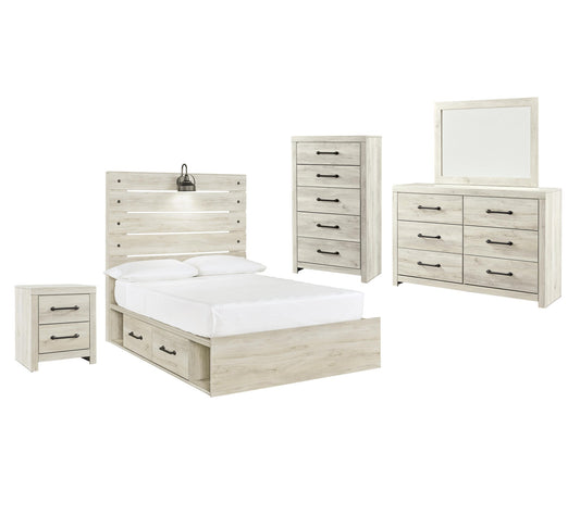 Cama Cambeck de dos camas con cabecero y cuatro cajones, cómoda con espejo, cajonera y mesita de noche.