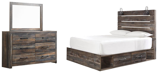Cama Drystan Queen con dos cajones de almacenamiento y tocador con espejo
