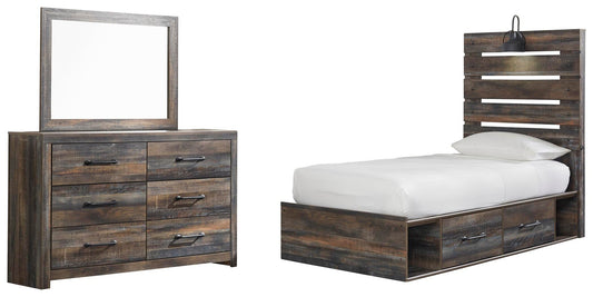 Cama individual Drystan con 4 cajones de almacenamiento y tocador con espejo