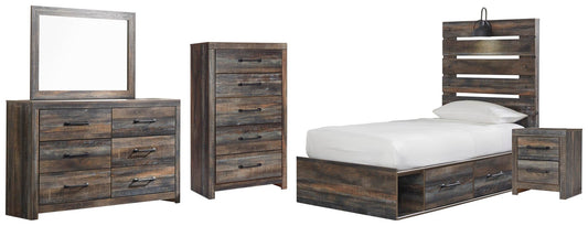 Cama individual Drystan con cuatro cajones, tocador con espejo, cómoda y mesita de noche.