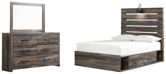 Cama Drystan de panel completo con 4 cajones de almacenamiento y tocador con espejo