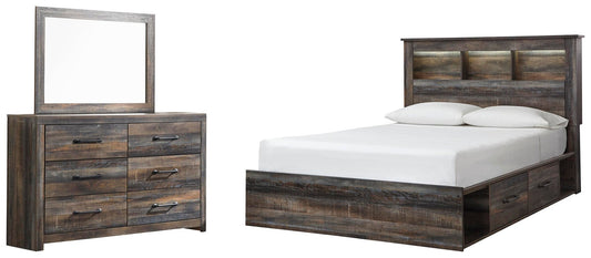 Cama con estantería Drystan Queen con 2 cajones de almacenamiento y tocador con espejo