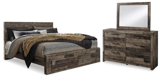 Cama Derekson tamaño King con dos cajones de almacenamiento y tocador con espejo