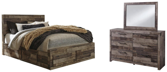 Cama Derekson Queen con cabecero y cuatro cajones de almacenamiento y tocador con espejo