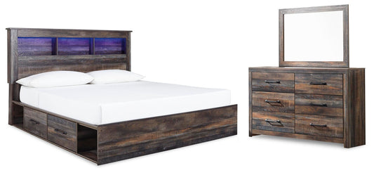 Cama Drystan King con estantería, 4 cajones de almacenamiento y tocador con espejo