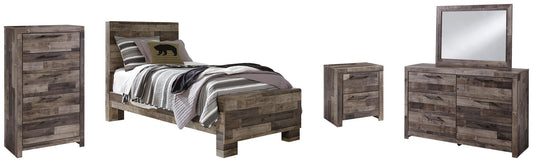 Cama individual Derekson con tocador con espejo, cómoda y mesita de noche