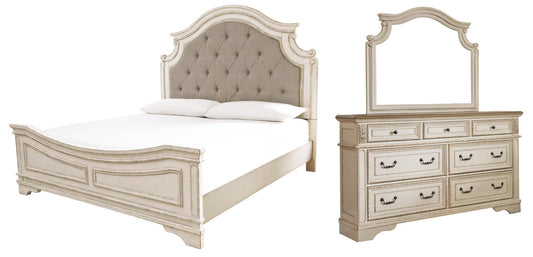Cama tapizada Realyn tamaño California King con tocador con espejo