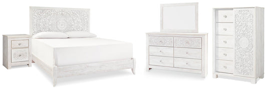 Cama Paxberry tamaño King con cabecero, tocador con espejo, cómoda y mesita de noche