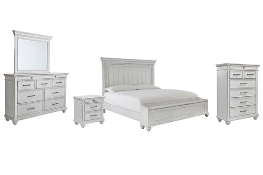 Cama Kanwyn King con cabecero y almacenaje, tocador con espejo, cómoda y mesita de noche