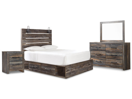 Cama Drystan tamaño Queen con dos cajones, tocador con espejo y mesita de noche.