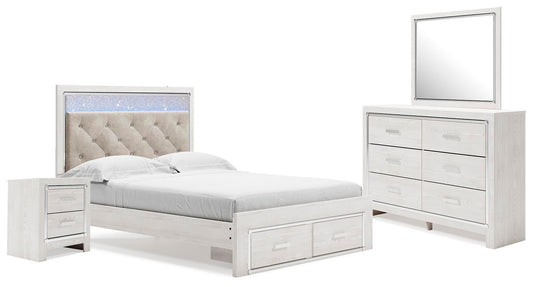 Cama tapizada Altyra tamaño Queen con almacenaje, tocador con espejo y mesita de noche.