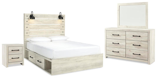 Cama Cambeck tamaño Queen con cabecero y dos cajones, tocador con espejo y mesita de noche.