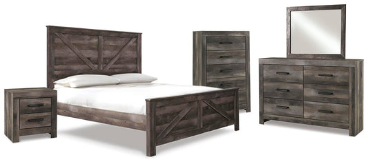 Cama Wynnlow King Crossbuck con cabecero, tocador con espejo, cómoda y mesita de noche