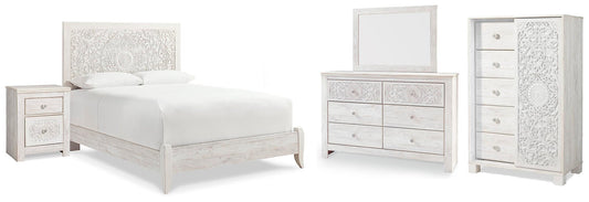 Cama Paxberry tamaño Queen con cabecero, tocador con espejo, cómoda y mesita de noche
