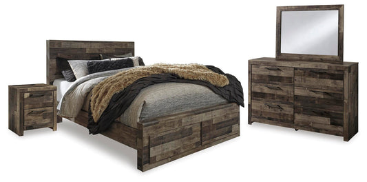 Cama Derekson tamaño Queen con cabecero y dos cajones, tocador con espejo y mesita de noche.