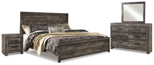 Cama Wynnlow tamaño King con cabecero, tocador con espejo y mesita de noche