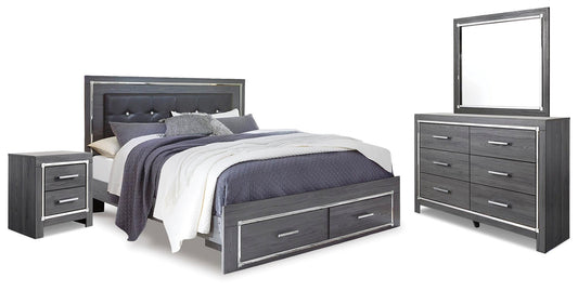 Cama Lodanna tamaño King con cabecero y dos cajones, tocador con espejo y mesita de noche.