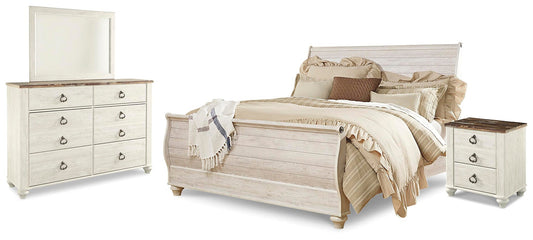 Cama Willowton King estilo trineo con tocador con espejo y mesita de noche