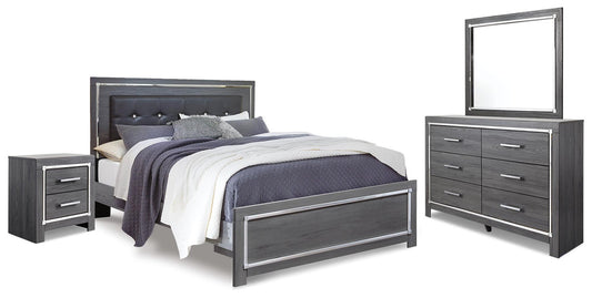 Cama Lodanna tamaño king con cabecero, tocador con espejo y mesita de noche