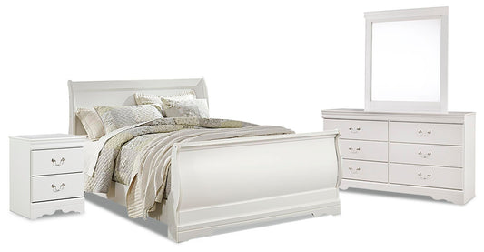 Cama Anarasia Queen tipo trineo con tocador con espejo y mesita de noche