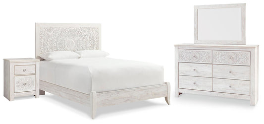 Cama Paxberry tamaño Queen con cabecero, tocador con espejo y mesita de noche