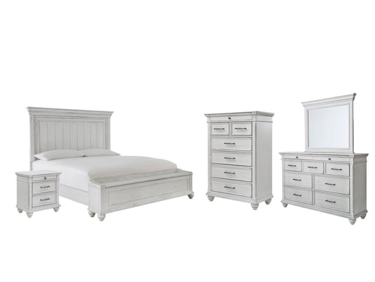 Cama Kanwyn Queen con cabecero y almacenaje, tocador con espejo, cómoda y mesita de noche
