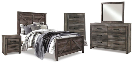 Cama Wynnlow Queen Crossbuck con cabecero, tocador con espejo, cómoda y mesita de noche