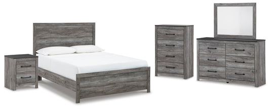 Cama Bronyan tamaño Queen con cabecero, tocador con espejo, cómoda y mesita de noche
