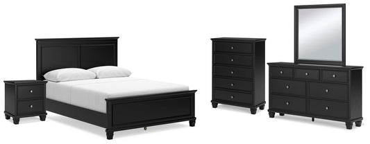 Cama Lanolee tamaño Queen con cabecero, tocador con espejo, cómoda y mesita de noche