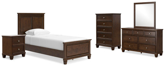 Cama doble Danabrin con tocador con espejo, cómoda y mesita de noche