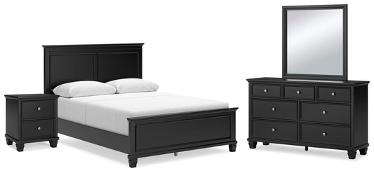 Cama Lanolee tamaño Queen con cabecero, tocador con espejo y mesita de noche