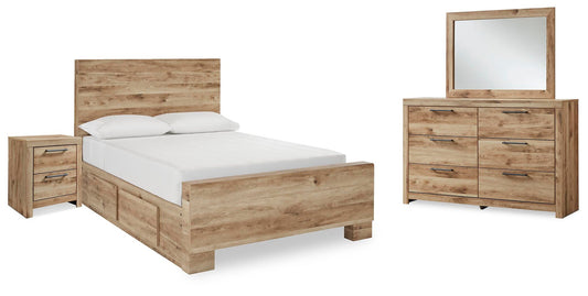 Cama Hyanna de tamaño completo con almacenamiento, tocador con espejo y mesita de noche.