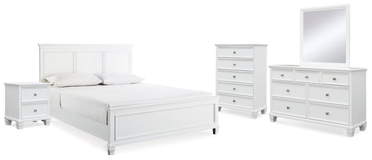 Cama Fortman tamaño king con cabecero, tocador con espejo, cómoda y mesita de noche