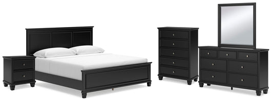 Cama Lanolee tamaño King con cabecero, tocador con espejo, cómoda y mesita de noche