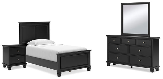 Cama doble Lanolee con tocador con espejo y mesita de noche
