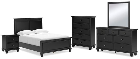 Cama Lanolee de tamaño completo con tocador con espejo, cómoda y mesita de noche