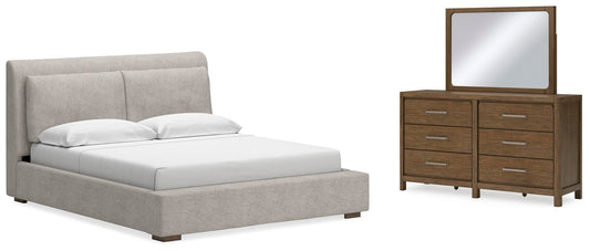 Cama tapizada Cabalynn King con tocador con espejo